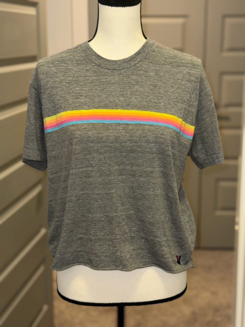 Aviator Nation Gray Tee with Yellow, Orange, Pink, Blue Stripes